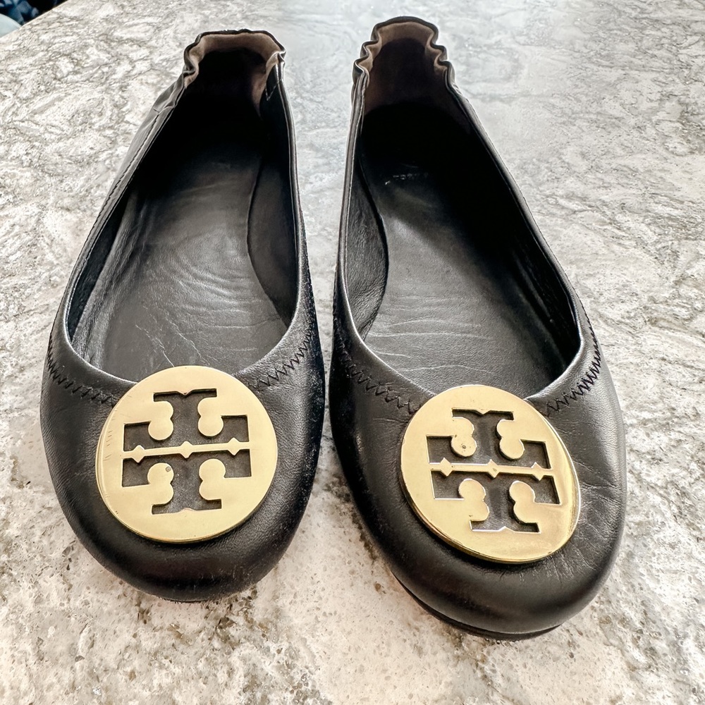 Tory Burch Black Minnie Travel Ballet Flats Gold Logo